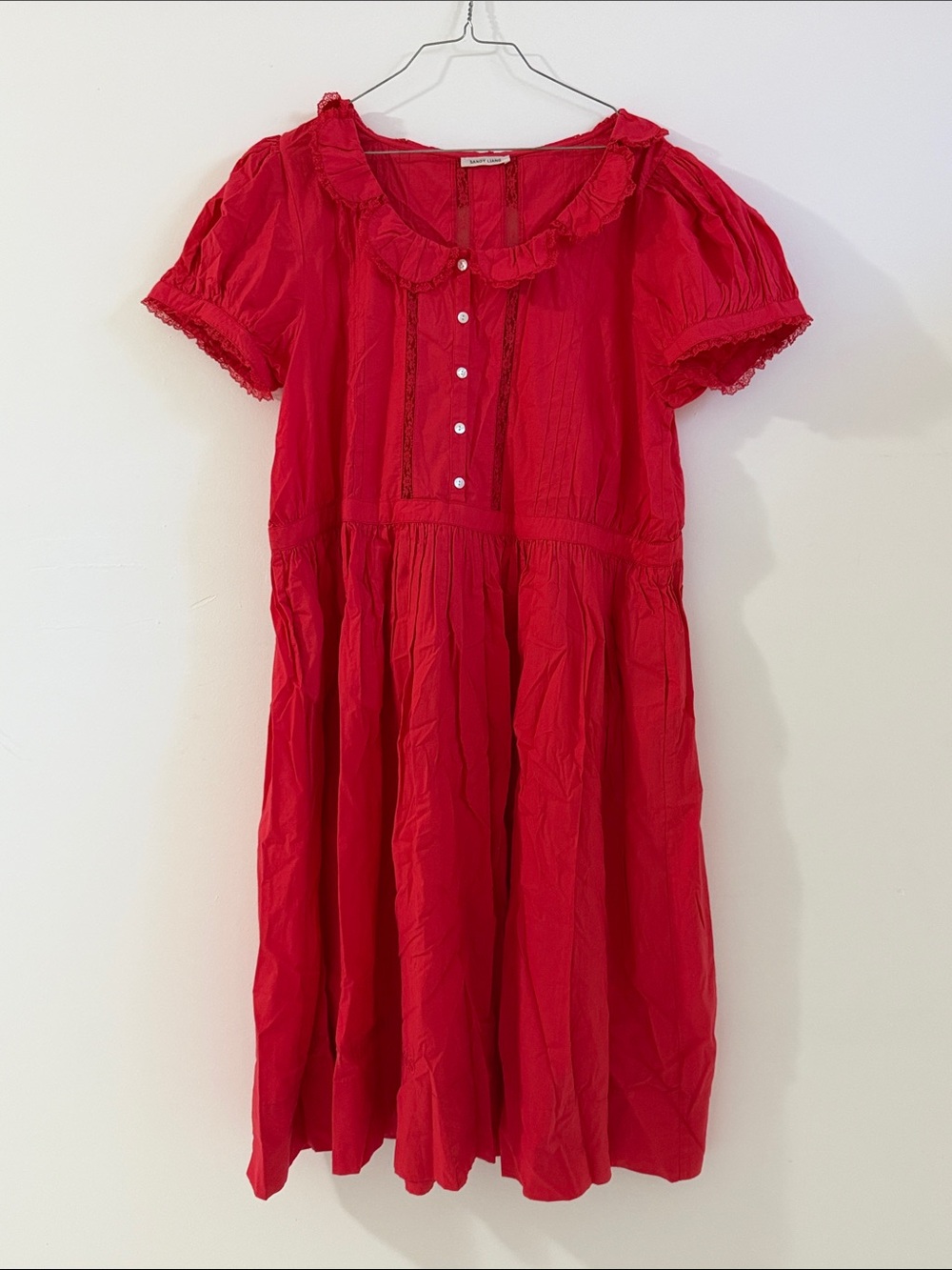 Sandy Liang Bright Red Ruffle Collar Cotton Dress middy midi dress size xl